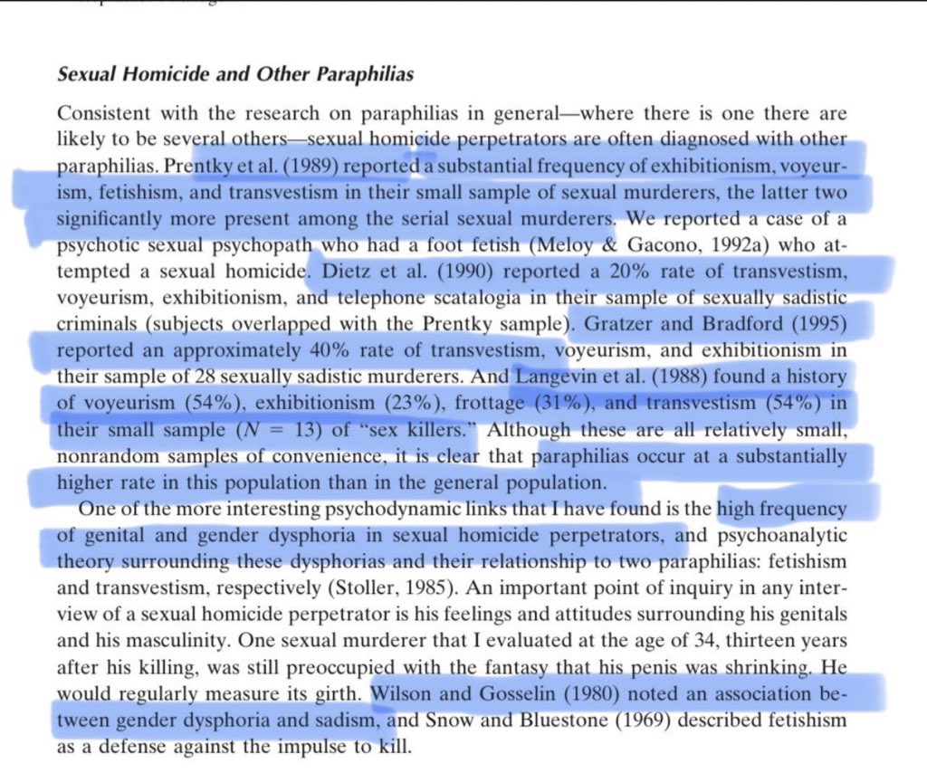 sappholives83's tweet image. As it’s #transawarenessweek, I think we should all be aware of the fact that a study from 1988 found that 54% of sex killers studied were transvestites. 

Other studies have found a transvestism rate of 40% among sexually sadistic murderers, and a “high frequency of…gender 1/