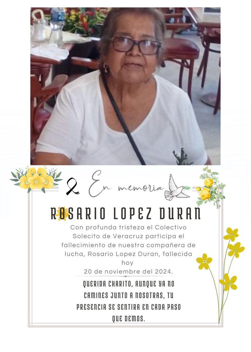 Con profunda tristeza despedimos a nuestra querida Charito. Madre buscadora que nos acompañó en este amargo calvario luchando por sus gemelos Víctor Manuel y Juan Manuel desde 2014. Se va sin saber de ellos. Descansa en paz, Charito, nosotras los buscaremos hasta encontrarlos.