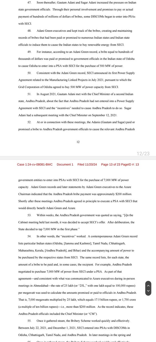 saikirankannan's tweet image. 💢SEC allegations against ADANI💢

The document highlights a bribery scheme involving #Adani Green Energy Ltd. and Azure Power Global Ltd. to secure contracts with Indian state-owned #DISCOMs (distribution companies) through #SECI (Solar Energy Corporation of India) for renewable…
