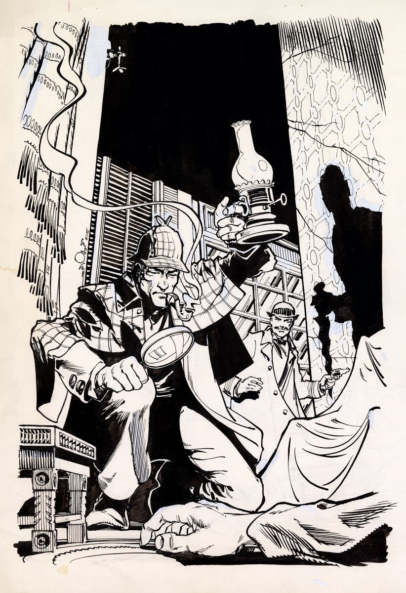 Sherlock Holmes cover. DC Comics. Pen and India ink. 11.4 x 16.6. 1975. Interior art by ER Cruz.

Looking at this drawing now, because of the shadow on the wall with the kris dagger and Dr. Watson holding a pistol, I think of the old adage, never bring a knife to a gun fight. :-D