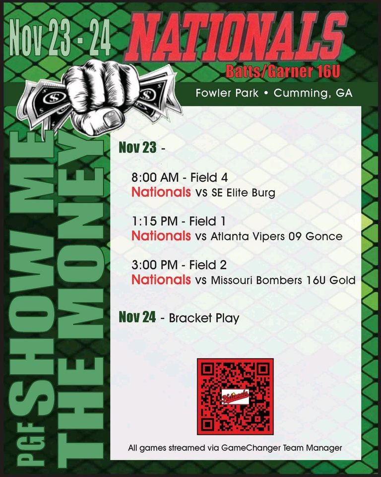 Finishing up the Fall Season this weekend in GA.  Show Me The Money!!!
<a href="/Nationals_Coach/">Nationals 16U</a> <a href="/T_Batts3/">Terry Batts</a> 
<a href="/csanford09/">Chris Sanford</a> <a href="/CoachCButler/">Chelsea Butler</a>
<a href="/whitjones25/">Whitney Jones</a> <a href="/baileywigness/">Bailey Wigness</a> <a href="/Clift_coach/">Jim Clift</a>