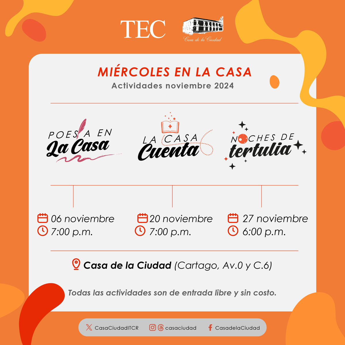 Noches de Tertulia
Tema: "Dr. Carlos Durán y el Sanatorio"
27 de noviembre, 6:00 p.m.
Casa de la Ciudad (Cartago, Av. 0 y C. 6)
Conduce: Eduardo Castillo Rojas
Entrada libre, sin costo

#Tertulia #NochesDeTertulia #MiércolesEnLaCasa #CasaDeLaCiudad