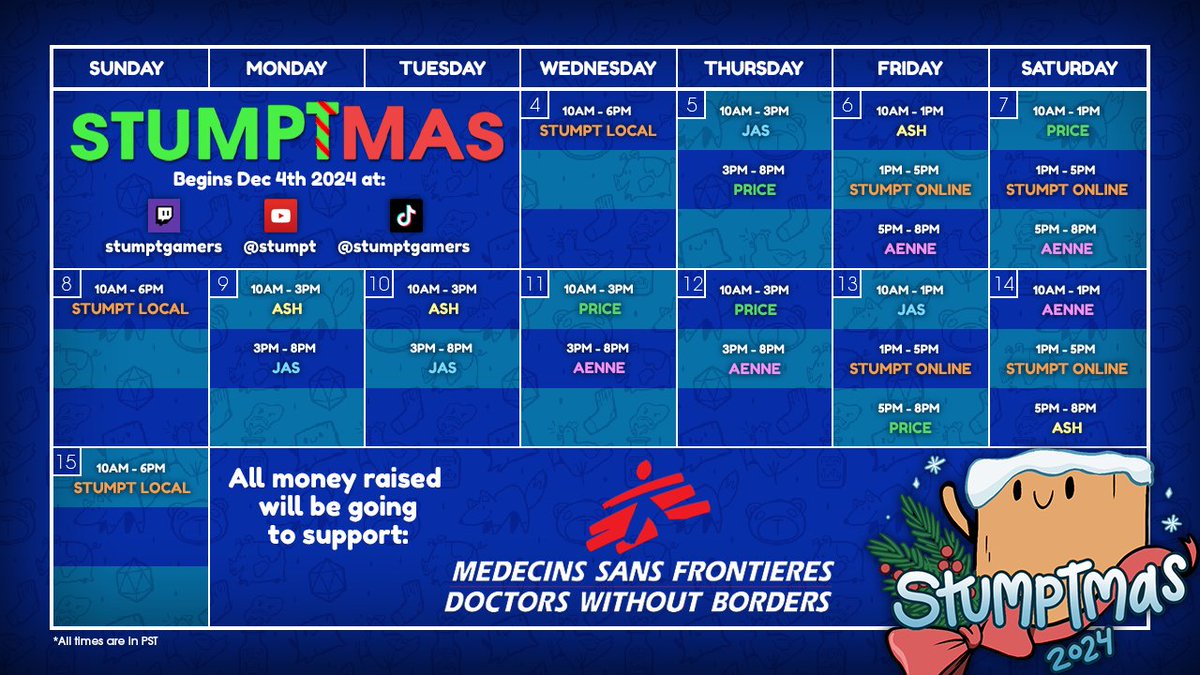 Stumpt (@stumptgames) on Twitter photo 🎄Stumptmas is Dec 4th - 15th!
We're raising for <a href="/MSF_USA/">Doctors w/o Borders</a>, the international medical humanitarian aid organization providing care to over 70 countries all over the world!
Tune in at: twitch.tv/stumptgamers
(or on YT & TikTok this year!) 🎄Stumptmas is Dec 4th - 15th!
We're raising for <a href="/MSF_USA/">Doctors w/o Borders</a>, the international medical humanitarian aid organization providing care to over 70 countries all over the world!
Tune in at: twitch.tv/stumptgamers
(or on YT & TikTok this year!)