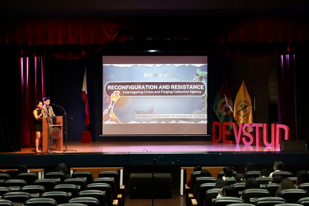 mkule's tweet photo. LOOK: In celebration of the annual Development Studies Week, the @UPMDevSoc hosts a forum titled “Beyond Figures: Deconstructing Debt and Dependence in the Global South” at the UP Manila Theater, which dissects the structural flaws of international development finance.

#ReconfigurationAndResistance2024
#DevStudWeek2024
#TatakDevStud