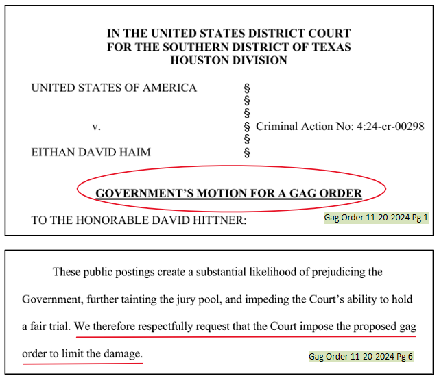 EithanDHaimMD's tweet photo. As if it couldn't get any worse, the DOJ has now submitted a motion for a gag order. 

This comes after I exerted my first amendment right to discuss a publicly available transcript from last week's publicly accessible hearing. 

The very hearing which the DOJ so thoroughly embarrassed themselves, where their incompetence and the unconstitutionality of their indictment was exposed to the world. 

So even though I'm a small-town general surgeon, never been recognized publicly, even though I have friends and colleagues who have never heard of my story, the DOJ wants to take away my first amendment right. 

And this is for a case where the DOJ is reinventing criminal law to make HIPAA not about patient privacy but about protecting powerful hospital systems that lie to the people they're supposed to take care of (the indictment actually says the victims are "TCH and its physicians," no mention of patients). 

And this is for a case where the conduct exposed resulted in the mutilation and sterilization of healthy, young children, which the hospital was lying about, which is illegal in Texas, which initiated a Texas AG investigation into the hospital, which was corroborated by another courageous whistleblower Vanessa Sivadge (@V_Sivadge). 

They believe that because I'm just a regular guy, they can intimidate me into silence. But my freedom to speak is more important than their desire to conceal their corruption. 

The harder they fight to take away my first amendment right, the harder I will fight to preserve it.