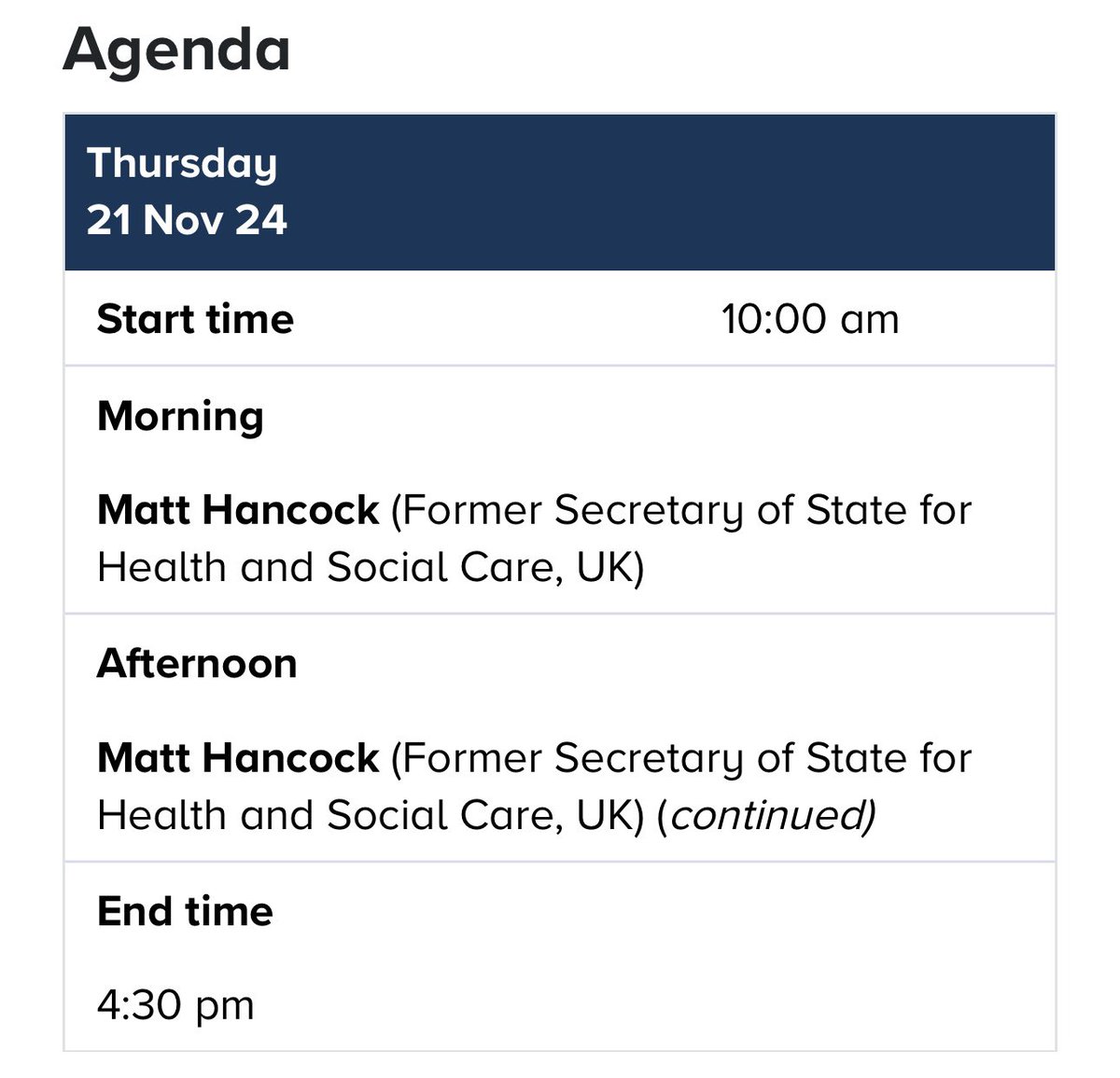 From 10am tomorrow <a href="/MattHancock/">Matt Hancock</a> will be giving two days of testimony to <a href="/covidinquiryuk/">UK Covid-19 Inquiry</a> on the impact of the pandemic on healthcare systems.

For NHS staff, I suspect it will be enraging, self-serving &amp; riddled with lies. 

I’ll be watching closely.

covid19.public-inquiry.uk/hearings/impac…