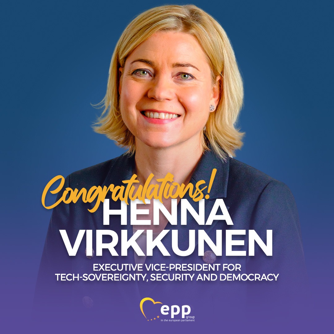 EPP Group (@eppgroup) on Twitter photo Congratulations to <a href="/HennaVirkkunen/">Henna Virkkunen</a>, Executive Vice-President of the European Commission and the new Commissioner for Tech Sovereignty, Security and Democracy.
#EPHearing #Virkkunen Congratulations to <a href="/HennaVirkkunen/">Henna Virkkunen</a>, Executive Vice-President of the European Commission and the new Commissioner for Tech Sovereignty, Security and Democracy.
#EPHearing #Virkkunen