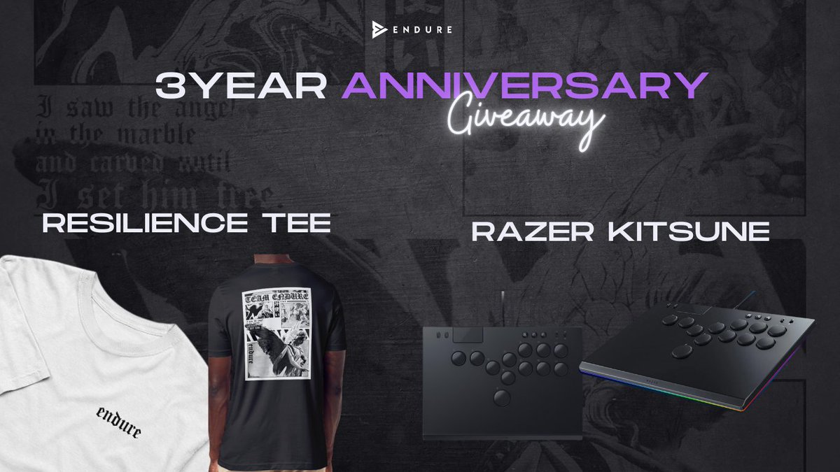 It's giveaway time! 🎉 

To celebrate our 3 year mark, we are giving away 1 Razer Kitsune and 2 Resilience T-shirts! (3 winners total) 

Requirements:
💜Repost + Like to be entered!
💜Must be in our discord: discord.gg/teamendure 
💜Follow us on Instagram for an extra entry!