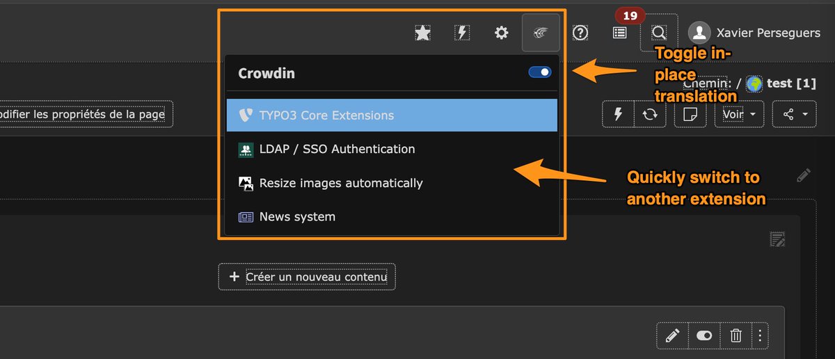 xperseguers's tweet image. The big improvement I’ve been working on today at #t3cs-dus for the #crowdin extension for #TYPO3 is a toolbar menu that lets you quickly change in-place translation settings. Goal is more reactive, per user settings, and thus no more global settings! Stay tuned!