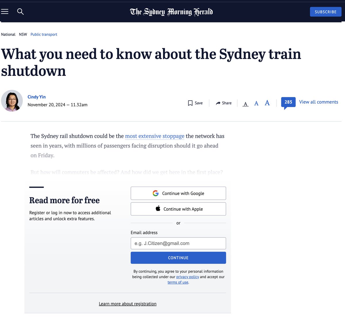 TimothyJ_23's tweet photo. Top drawer stuff from the @smh placing an essential information article behind a paywall. #SydneyStrike #TrainStrike https://t.co/fTbwuthGYZ