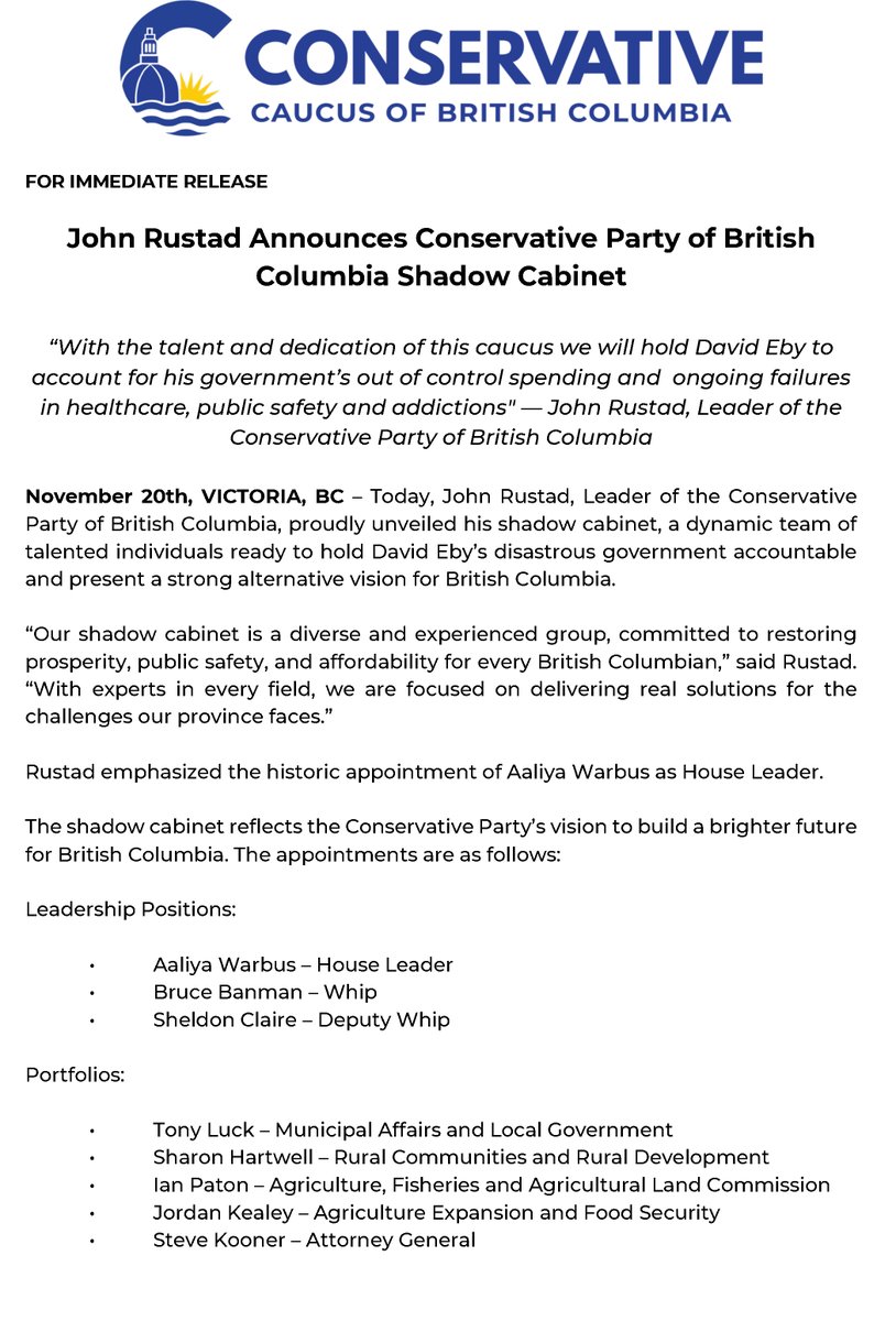 BCConservCaucus's tweet image. John Rustad Announces Conservative Party of British Columbia Shadow Cabinet #bcpoli