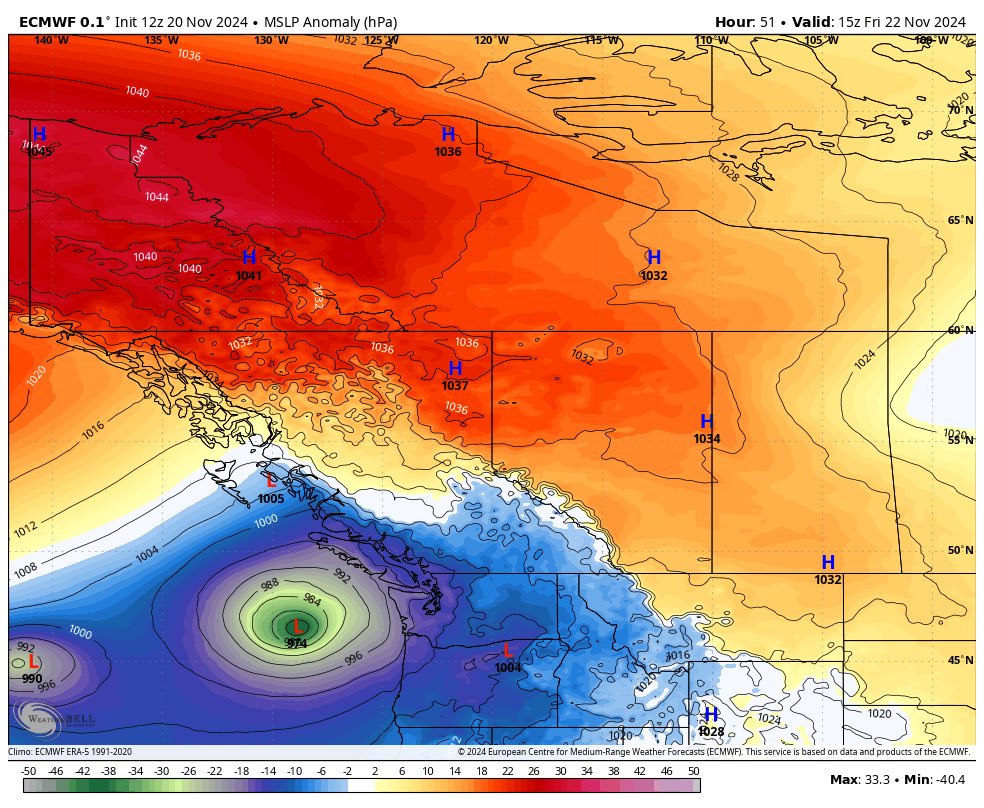 ElijahBman's tweet photo. Watching as ANOTHER deep low pressure system forms off of Vancouver island for Friday. Could see it drop to 974mb according to 12z Euro. Projected wind speeds could reach 100km/hr gusts for strait of Georgia, Puget Sound, And higher for West Vancouver Island. This event also has potential to bring strong winds to Metro Vancouver. Its strength and distance to the Coast will determine how strong winds will get, stay tuned for more. #bcstorm #bcstormwatch #wawx #orwx #bcwind #wind