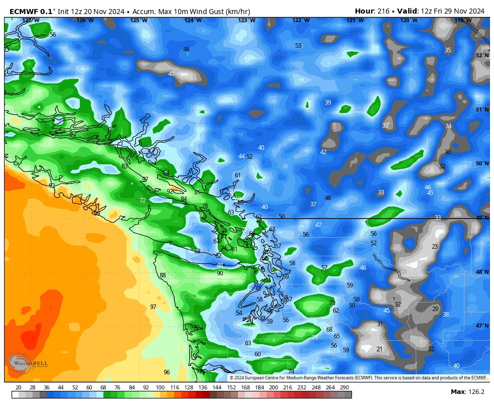 ElijahBman's tweet photo. Watching as ANOTHER deep low pressure system forms off of Vancouver island for Friday. Could see it drop to 974mb according to 12z Euro. Projected wind speeds could reach 100km/hr gusts for strait of Georgia, Puget Sound, And higher for West Vancouver Island. This event also has potential to bring strong winds to Metro Vancouver. Its strength and distance to the Coast will determine how strong winds will get, stay tuned for more. #bcstorm #bcstormwatch #wawx #orwx #bcwind #wind