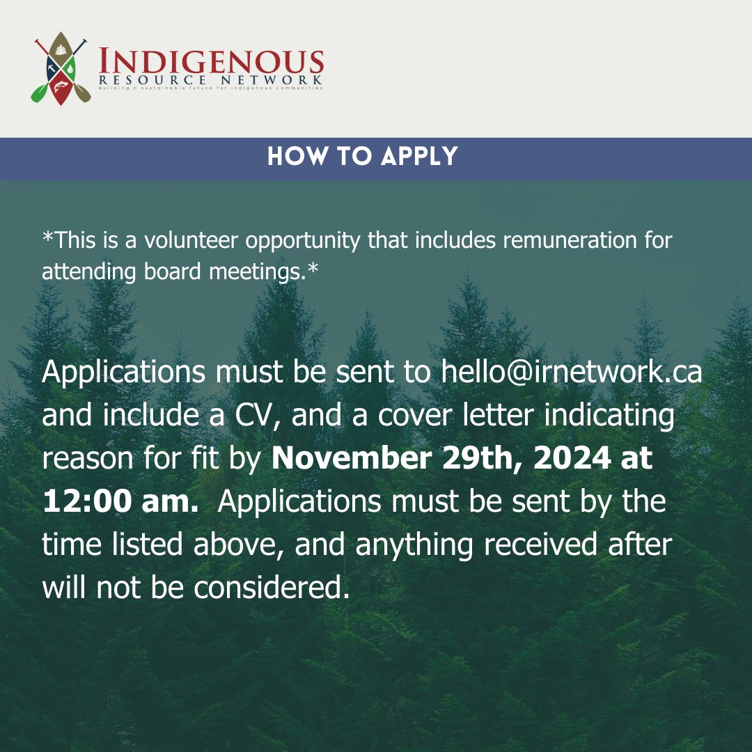 📢We are looking for an enthusiastic individual to join our Board of Directors. This is a unique opportunity to contribute to our mission of promoting responsible resource development and Indigenous community ownership. The deadline to apply is November 29th, 2024.