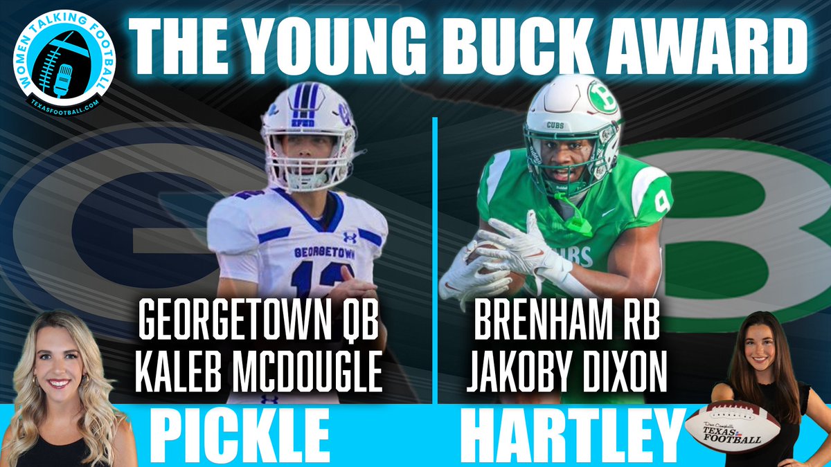 Dave Campbell's Texas Football — TexasFootball.com (@dctf) on Twitter photo The Women Talking Football Young Buck Award:
<a href="/ashley_pickle12/">Ashley Pickle</a>'s choice: <a href="/kalebmcdougle/">Kaleb McDougle</a>
<a href="/malloryhartley/">Mallory Hartley</a>'s selection: <a href="/JakobyDixon/">Jakoby Dixon</a>
We're not just handing these out to everyone, btw 🏆
#TXHSFB #Journey2St4te #Dctf <a href="/GTEagleFootball/">Georgetown Football</a> <a href="/BrenhamFootball/">Brenham Cub Football</a> The Women Talking Football Young Buck Award:
<a href="/ashley_pickle12/">Ashley Pickle</a>'s choice: <a href="/kalebmcdougle/">Kaleb McDougle</a>
<a href="/malloryhartley/">Mallory Hartley</a>'s selection: <a href="/JakobyDixon/">Jakoby Dixon</a>
We're not just handing these out to everyone, btw 🏆
#TXHSFB #Journey2St4te #Dctf <a href="/GTEagleFootball/">Georgetown Football</a> <a href="/BrenhamFootball/">Brenham Cub Football</a>