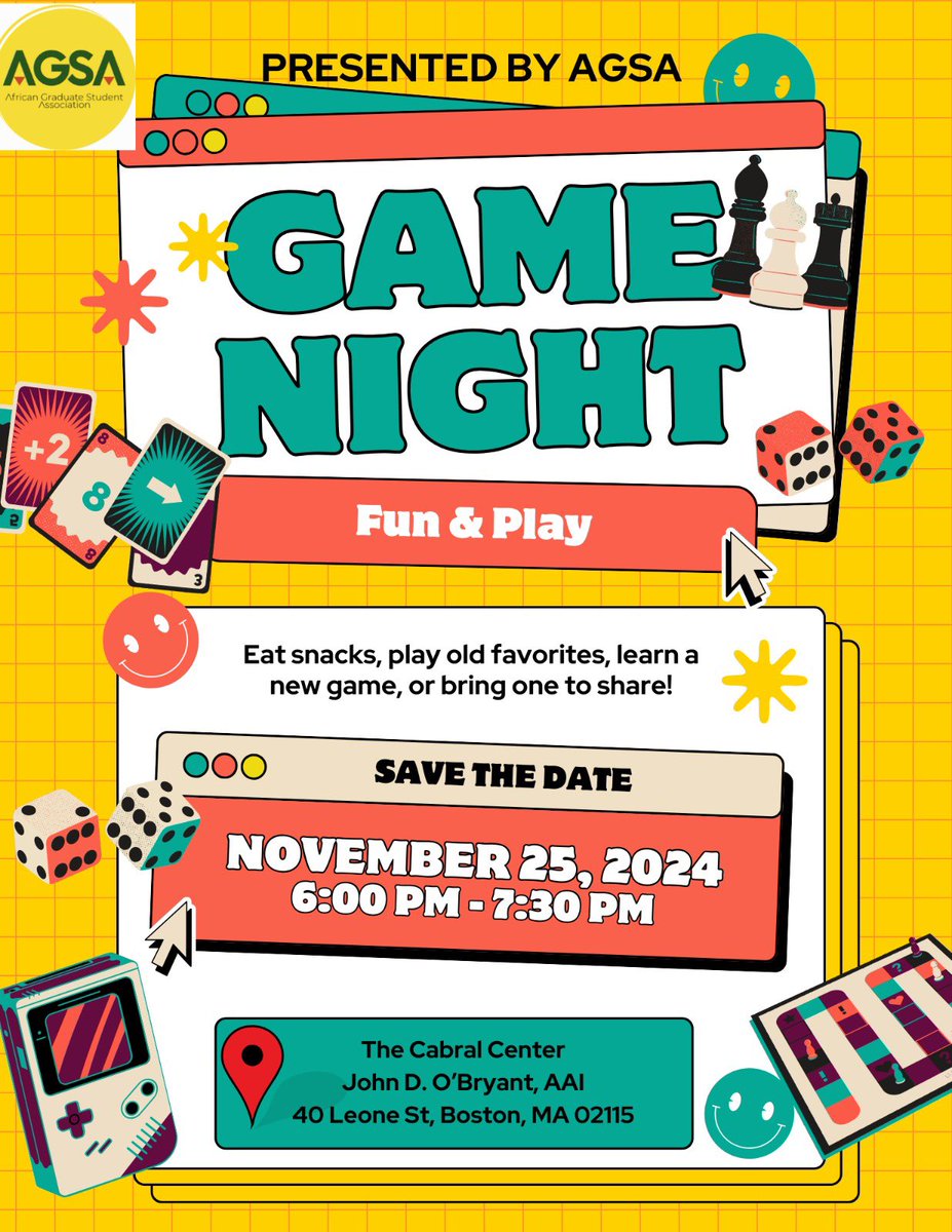 Game On! 🎮
Join us for a night of fun and friendly competition at the AGSA Games Night!
⏰ - 6:00 pm
 📍- The Cabral Center
Bring your competitive spirit and your favorite games!