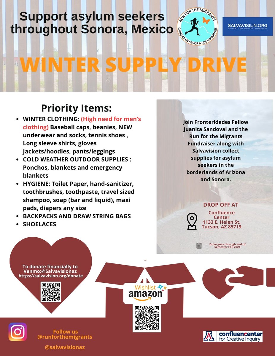 As we embark on the holiday season @runforthemigrants and @Salvavisonaz will be hosting a winter clothing/item drive through the Confluecenter. These items will benefit migrant shelters throughout Sonora and deported asylum seekers directly at the border.