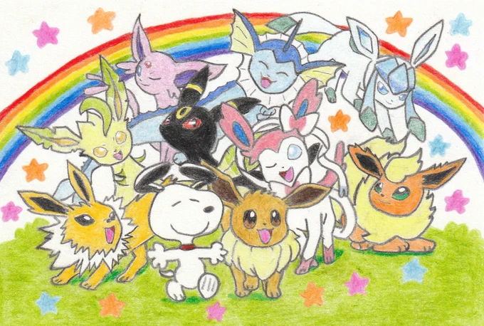 スヌーピー&amp;イーブイフレンズ #SNOOPY #イーブイの日 #eevee #fanart 