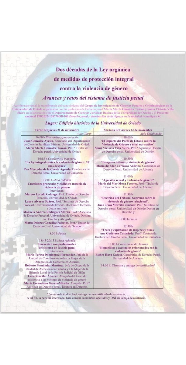 PazdelaCuesta's tweet photo. 21 de noviembre.  Seminario " Dos décadas de la LO de medidas de protección integral contra la violencia de género. Avances y retos del sistema de Justicia penal" en la #uniovi . Organizan Marta González  Tascón y Sonia Villa Siero. 
¡Nos vemos https://t.co/mjHNgLR1Hm