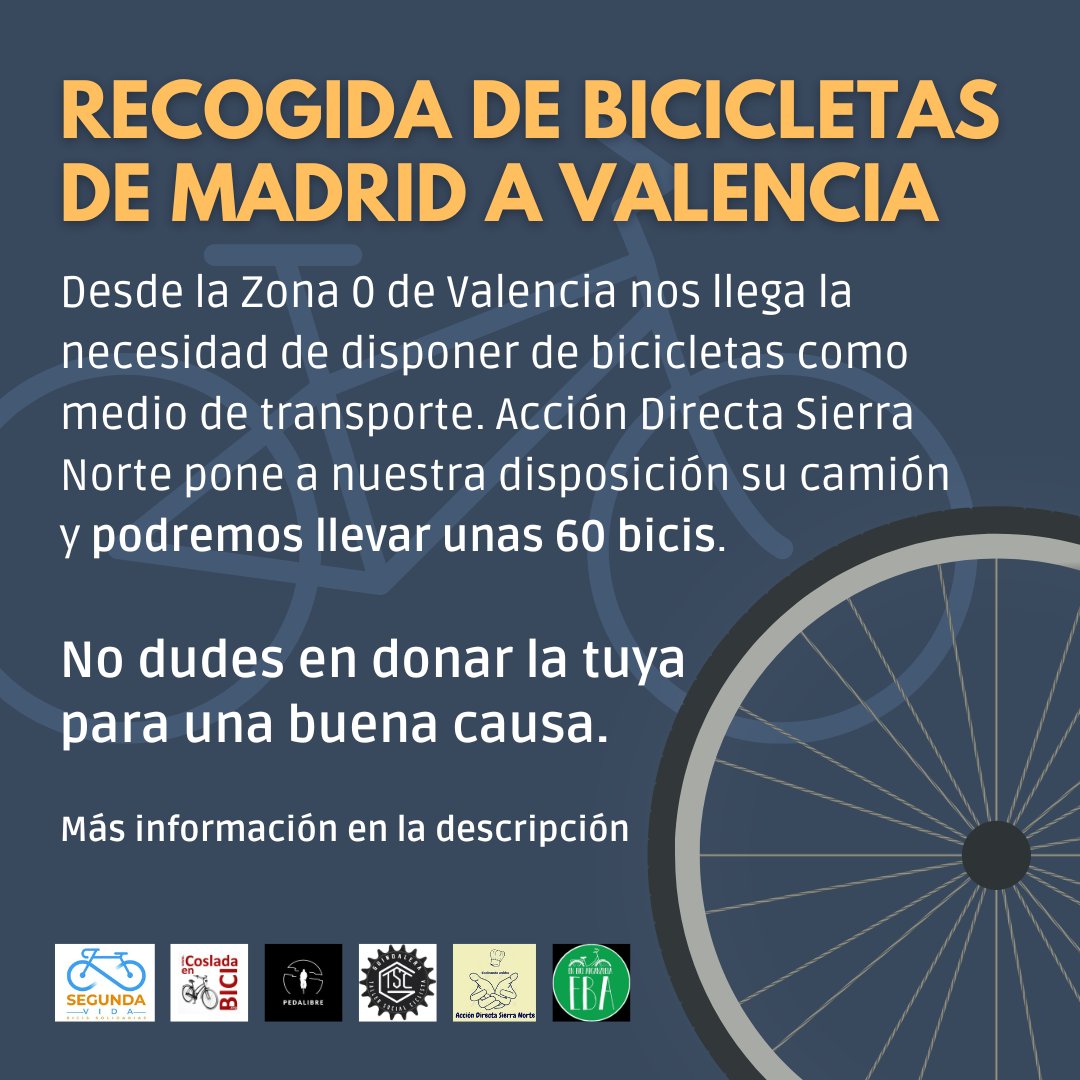 TallerBiciGDTN's tweet photo. Bicicletas de Madrid a Valencia.
Acción Directa Sierra Norte está en el terreno con su cocina solidaria y pone a nuestra disposición su camión con conductor totalmente gratis. Calculamos que, fácilmente, se pueden enviar 60 bicis. No dudes en donar la tuya para una buena causa. https://t.co/szudepTowT