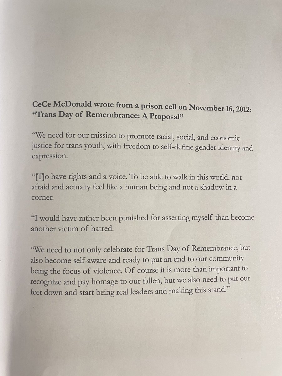 For #TransDayOfRemembrance I want to share this extract from Stone Butch Blues by Leslie Feinberg

‘We need for our mission to promote racial, social and economic justice for trans youth, with freedom to self-define gender identity and expression’ - CeCe McDonald 🏳️‍⚧️