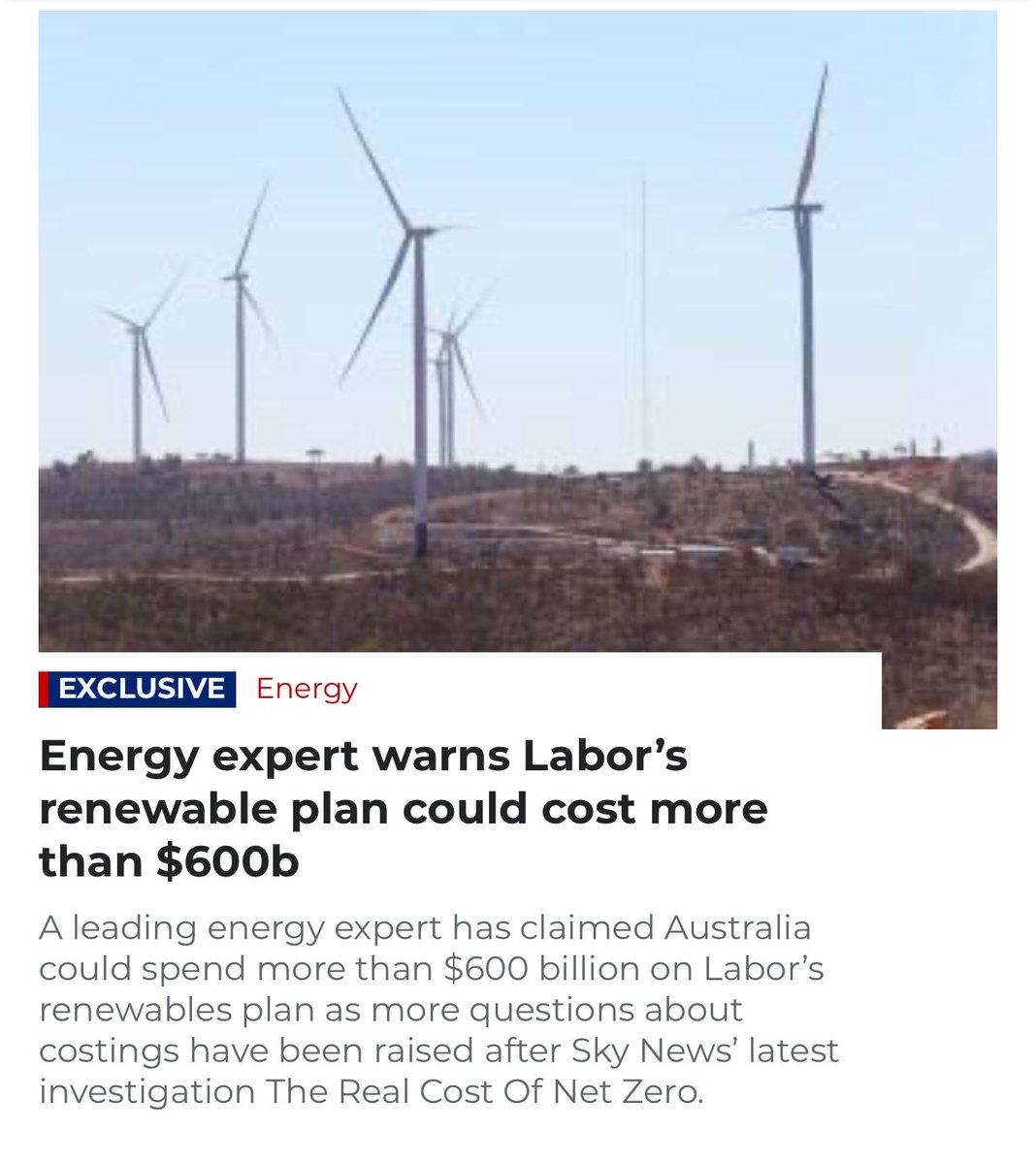 RositaDaz48's tweet image. A leading energy expert has claimed Australia could spend more than $600 billion on Labor’s renewables plan as more questions about costings have been raised after Sky News’ latest investigation The Real Cost Of Net Zero. 
￼
#JamesHarrison

skynews.com.au/business/energ…