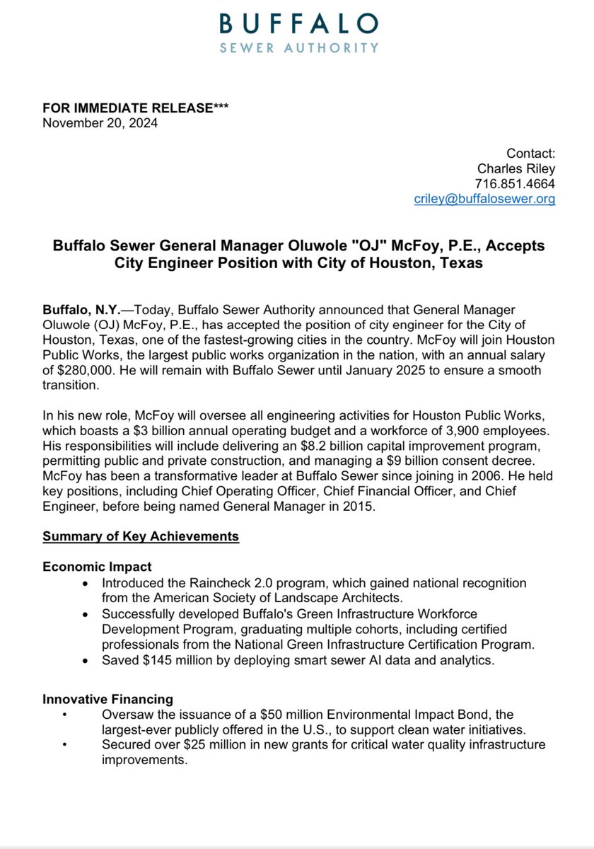 Breaking: Buffalo Sewer Authority GM &amp; Water Board Chair OJ McFoy is out. Leaving #Buffalo to take public position in Houston, Texas.

Comes after my reporting of scandals involving fluoride, publicly funded travel expenses and violations of Open Meetings Law.