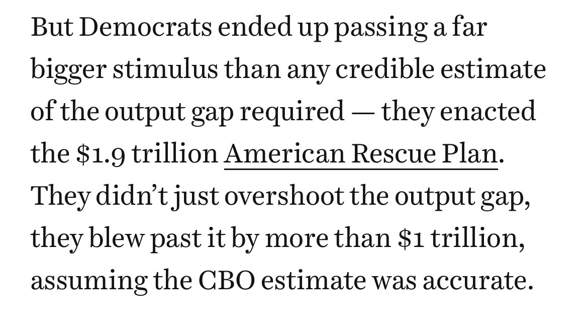 awprokop's tweet photo. This was not an esoteric or counterintuitive argument. By traditional economic analysis the American Rescue Plan was clearly far, far more than what was needed, as outside critics said at the time. But such analysis just didn’t seem to be taken very seriously https://t.co/fjmR70bxGV