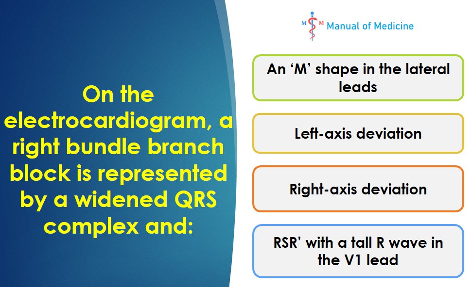 ManualOMedicine's tweet photo. - Question -
On the ECG, a right bundle branch block is represented by a widened QRS complex and:

- An ‘M’ shape in the lateral leads
- Left-axis deviation
- Right-axis deviation
- RSR’ with a tall R wave in the V1 lead

#medtwitter #fomed #ecg https://t.co/q0AMpe5wOn