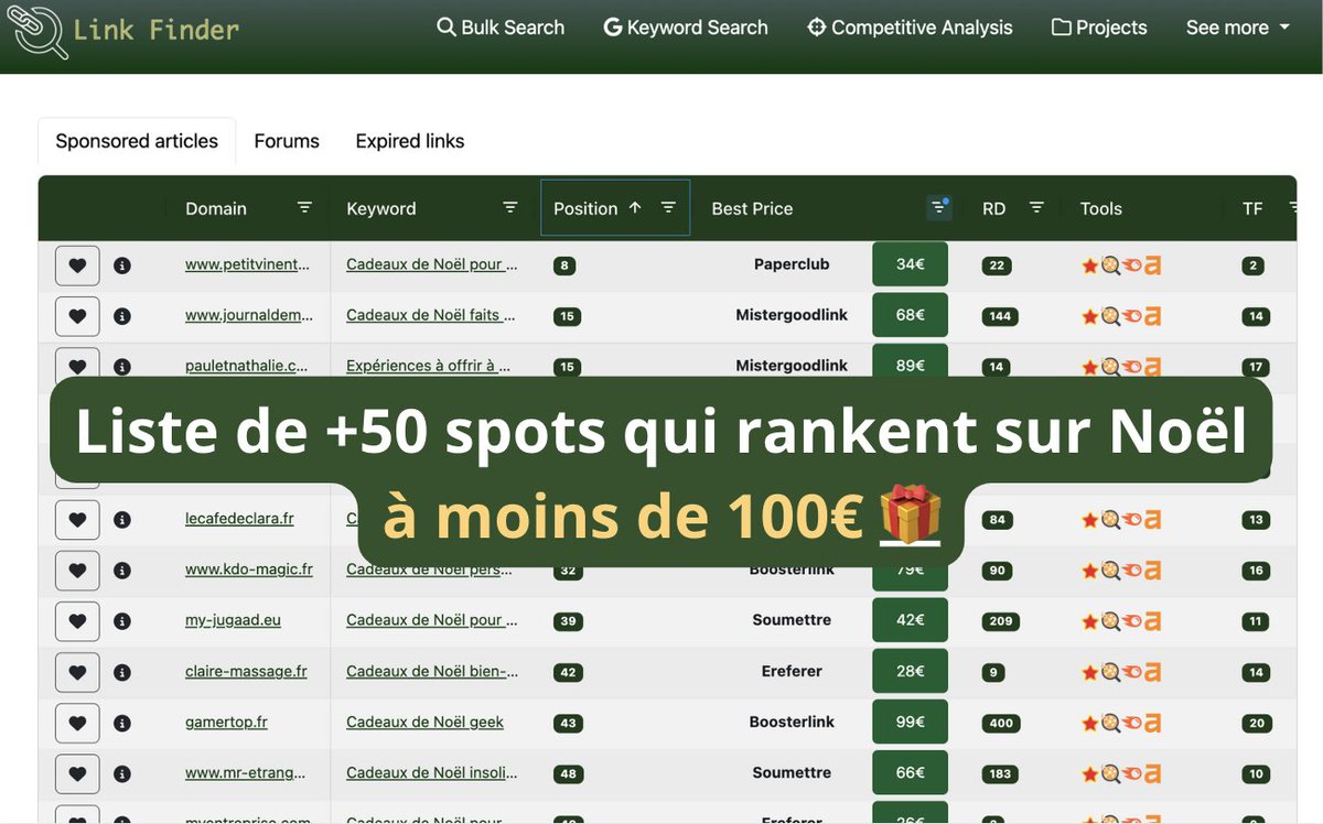 Nous avons déniché +50 spots qui rankent sur des mots-clés de Noël à moins de 100 €. 

Pour recevoir la liste : 
→ Follow <a href="/LinkFinderOK/">Link Finder</a> 
→ RT

Noël arrive rapidement 🤑

Rankez sans vous ruiner avec cette liste !