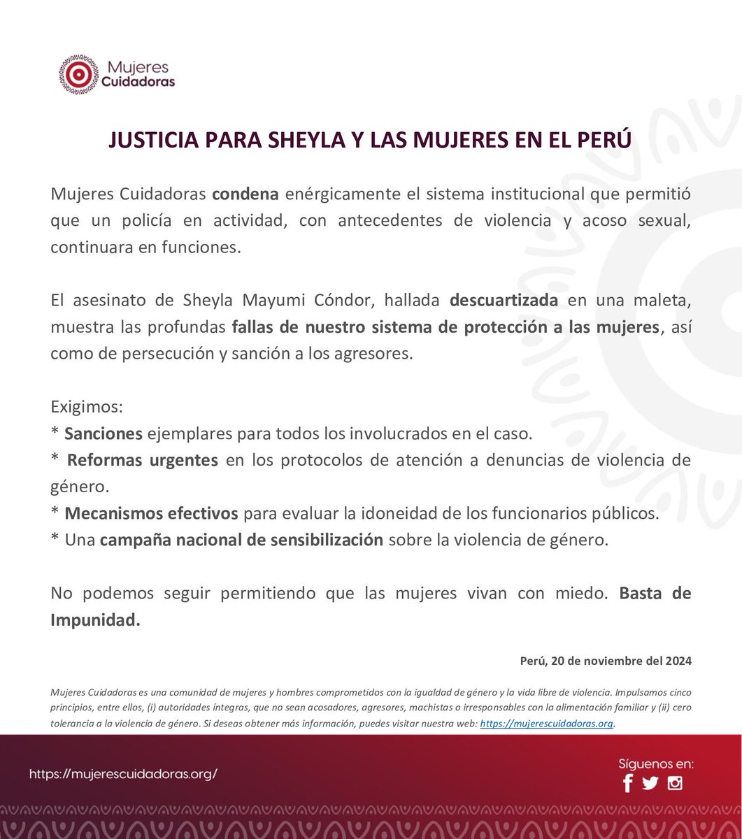 📢 La asociación Mujeres Cuidadoras comunica lo siguiente:

#JusticiaParaSheyla 
#MujeresCuidadoras
#ReformaPolicialYa 
#NoMásImpunidad #BastaDeRetrocesos 

<a href="/PoliciaPeru/">Policía Nacional del Perú</a>