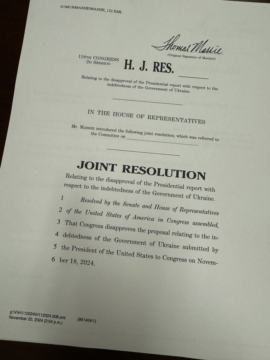 On his way out, Joe Biden is trying to forgive $4.65 billion of debt Ukraine owes America's taxpayers. I just introduced H.J.Res 224 to stop this "America Last" policy from taking effect.