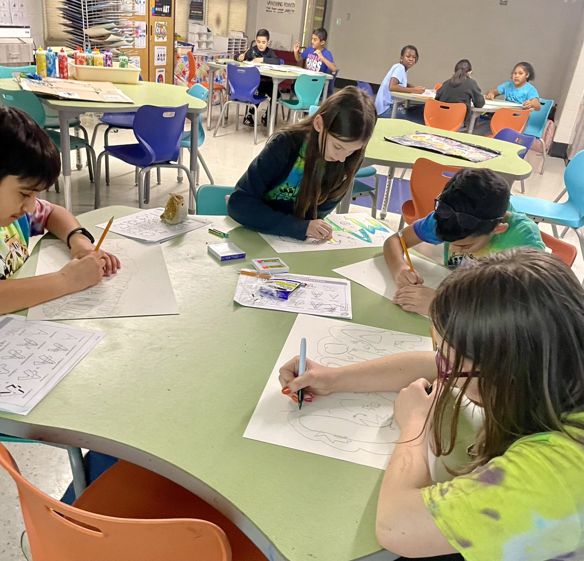 5th grade Art Club students learned the skill of bubble lettering and overlapping their bubble letters in the style of a graffiti artist. They enjoyed using neon oil pastels gives a smooth, spray-painted gradient look to their bubble letters. #stony126 #weare126
