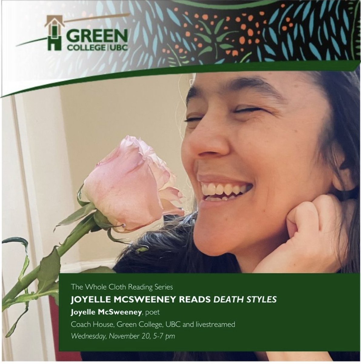 Tonight! Green College is hosting poet Joyelle McSweeney from 5:00 pm to 7:00 pm in the Coach House. Joyelle will read from her book Death Styles. The event will also be live-streamed. Free! Learn more: greencollege.ubc.ca/civicrm/event/…