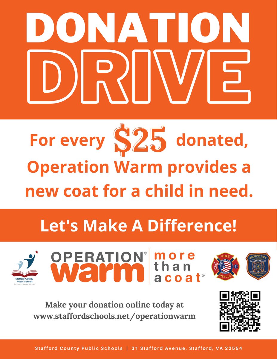 Join us in supporting <a href="/OperationWarm/">Operation Warm</a> as we team up with <a href="/staffcofire/">Stafford County Fire & Rescue</a> to deliver brand-new winter coats to students in need. Every contribution helps our kids stay warm this winter!
Head over to staffordschools.net/operationwarm to donate. #OperationWarm