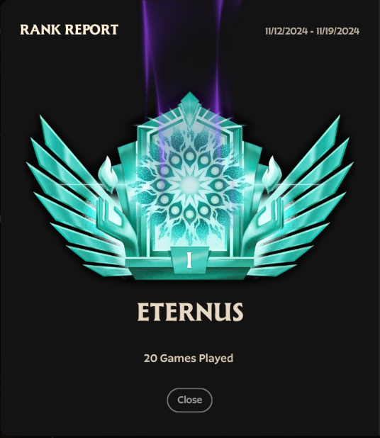 Long time coming, but finally hit Eternus this week! Top 100 in NA, but not done yet.