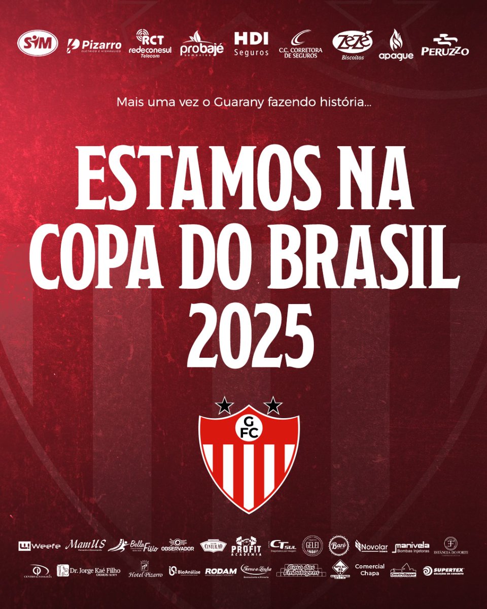 guaranyrs's tweet photo. COMEMORAAAAAA, TORCEDOR ALVIRRUBRO! O GUARANY ESTÁ MATEMATICAMENTE CLASSIFICADO PARA A COPA DO BRASIL 2025!

AVANTE, ALVIRRUBROS, O BRASIL NOS ESPERA! 🔥🇧🇷 https://t.co/i6QUFkuYtS