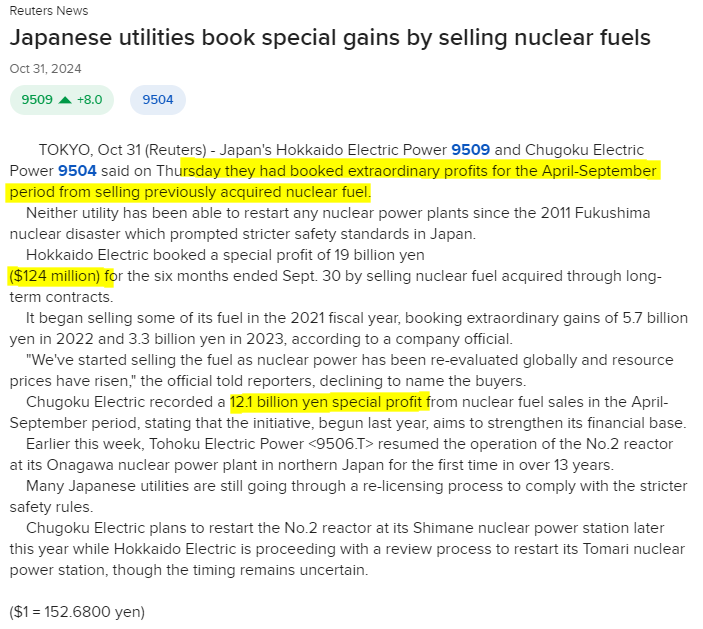 Perhaps this is old news, I've just bumped into this by chance and I found it interesting. Looks like Japanese utilities do still have some fuel to sell... #uranium