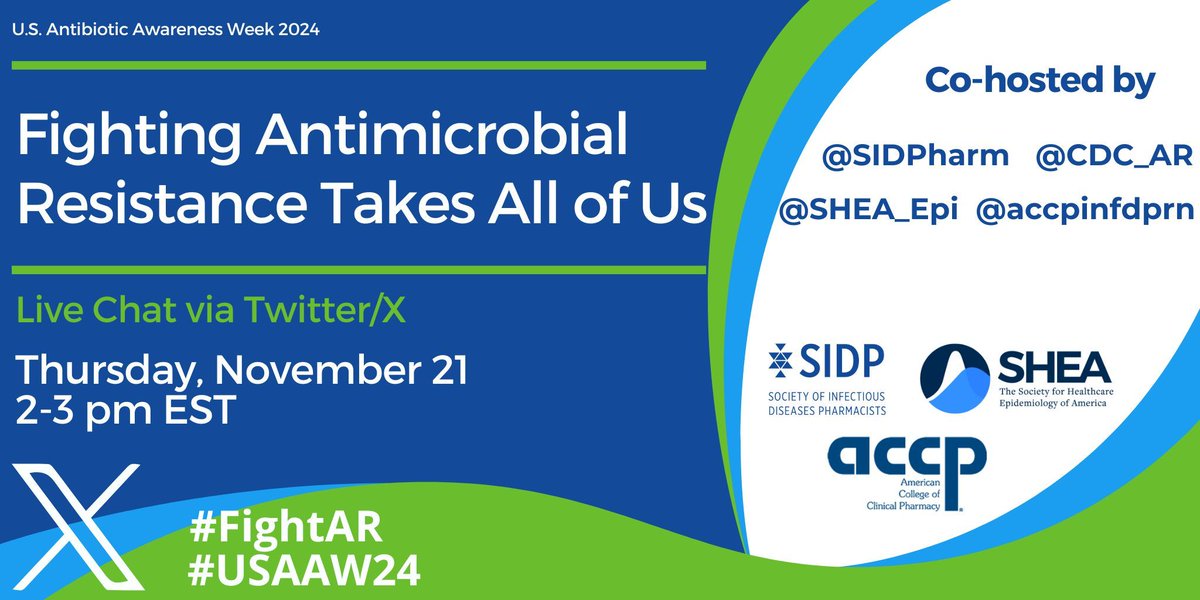 Join <a href="/SIDPharm/">SIDP</a>, <a href="/CDC_AR/">CDC Antimicrobial Resistance</a>, <a href="/SHEA_Epi/">SHEA</a>, @ACCPINFDPRN tomorrow, Nov. 21 at 2pm ET for a Twitter/X chat on steps you can take to combat antimicrobial resistance. #USAAW24