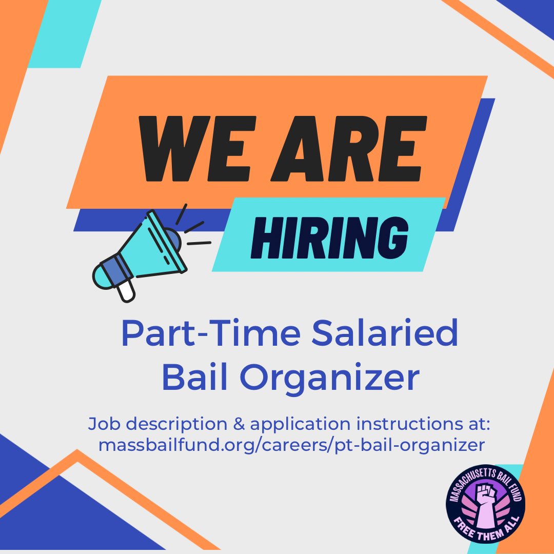 Job announcement 🎉 Mass Bail Fund is hiring for a part time salaried bail organizer with benefits. Residents in Suffolk, Worcester, Hampden, Middlesex &amp; Essex counties encouraged to apply. Deadline Dec 15th. We hire formerly incarcerated ppl! More info: massbailfund.org/careers/pt-bai…