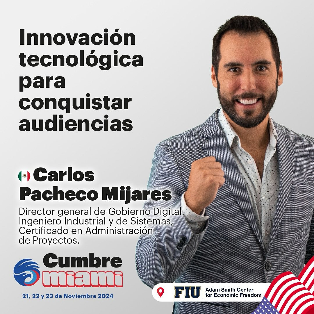 🎯 bit.ly/XXICumbreMiami 

¡No te pierdas a carlospacheco en la #CumbreMiami! 🇺🇸 

Carlos Pacheco Mijares, Director General de Gobierno Digital, explorará cómo la tecnología está transformando la forma de conectar con las audiencias 👥.