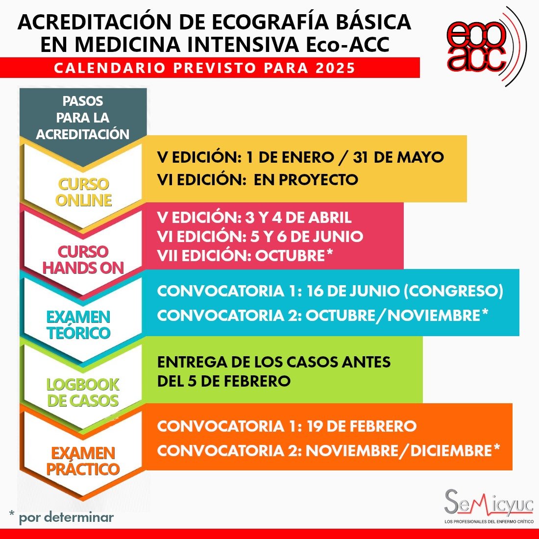 La Acreditación de Ecografía Básica en Medicina Intensiva Eco-ACC ya tiene un calendario de acciones para este próximo 2025. El curso online ya está en proceso de inscripción y en breve lo estará el V Curso Hands On. También se ha abierto el plazo de entrega de Libros de Registro