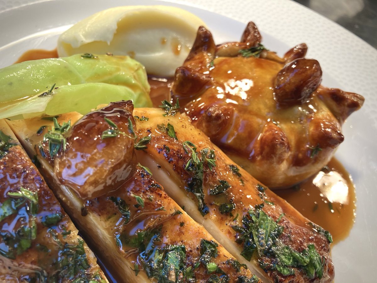 Herb-roast chicken with a little rabbit pie