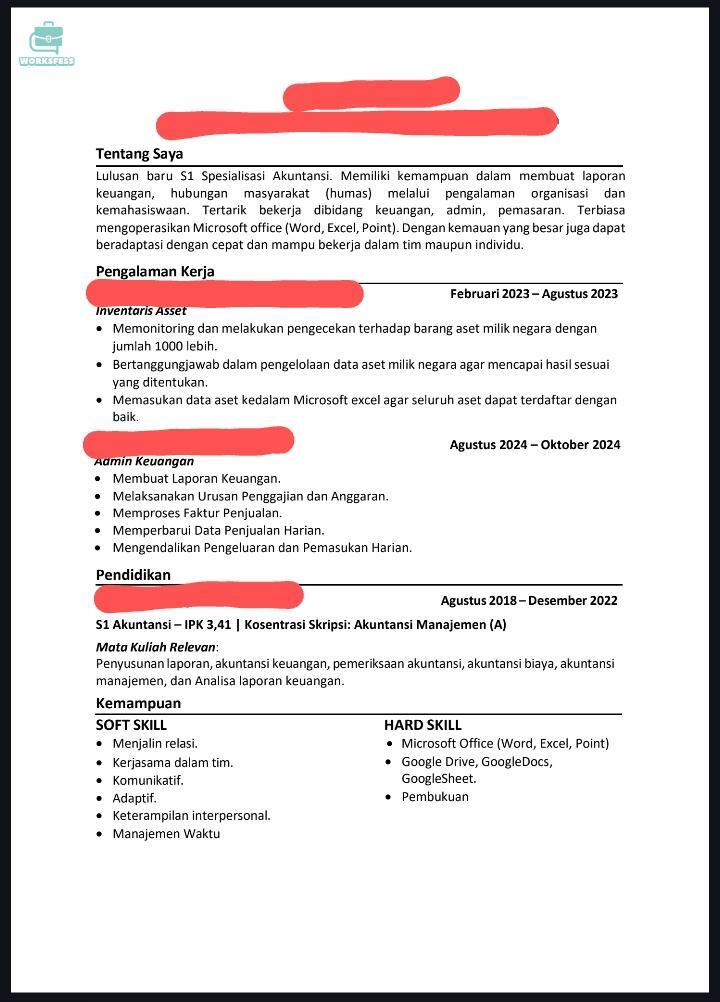 worksfess's tweet photo. work! cw/nganggur
btw ini apaa si yang salah dari cvnya? setiap apply gada satupun yang manggil buat interview minimal, selalu tertolak terusss, mohon pencerahannya ges https://t.co/i6Yeravv6s