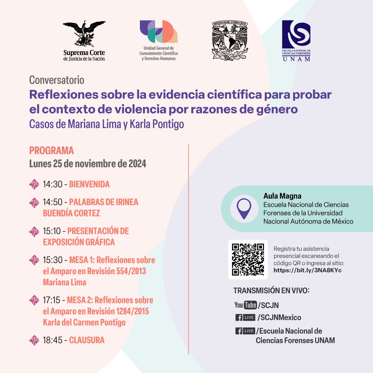 Este 25 de noviembre no te pierdas el diálogo sobre evidencia científica en el contexto de violencia por razones de género, revisaremos los casos de Mariana Lima y Karla Pontigo.
🕓 14:30 h (CDMX) 
📌 Escuela Nacional de Ciencias Forenses, UNAM
📺 #EnVivo: <a href="/SCJN/">Suprema Corte</a> y #UGCCDH