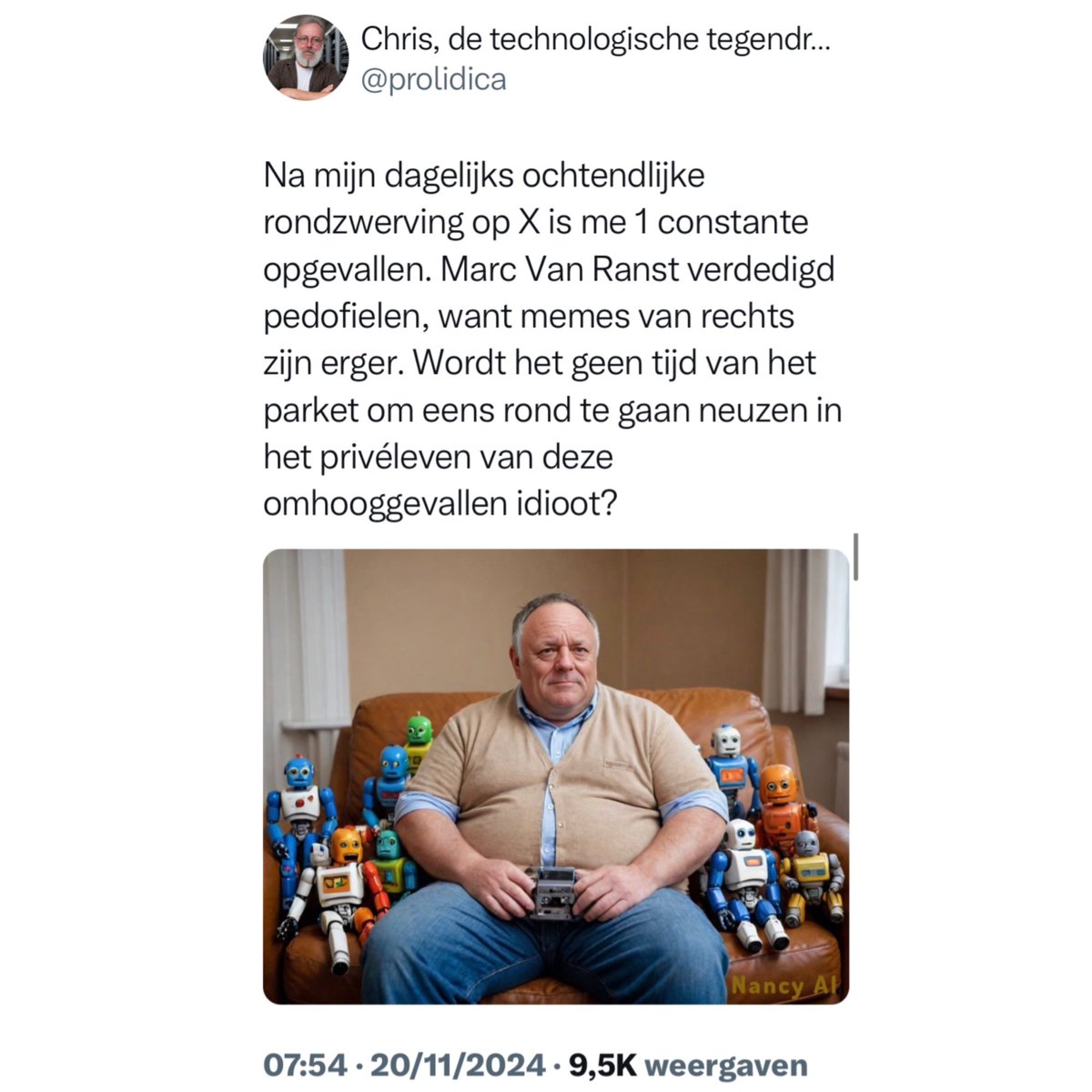 #ElkeDag…

Dit is misselijkmakende framing door Vlaams Belang en de Dries Van Langenhove groep. Die vinden het heel erg dat ik ook een aversie heb tegen hun racistische en antisemitische memes die zij “humor” noemen.
Tja.
En “hij verdedigt” is met een -t achteraan, en dus niet