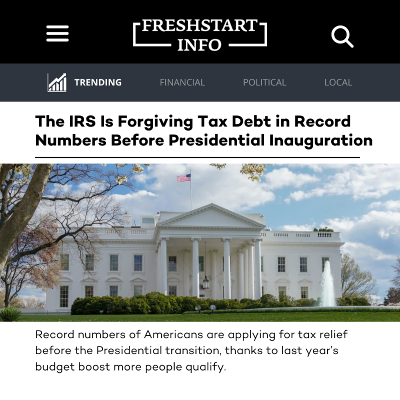 FreshStartInfo's tweet photo. A record number of Americans are applying to wipe out their tax debts before presidential inauguration.

Check your eligibility below.