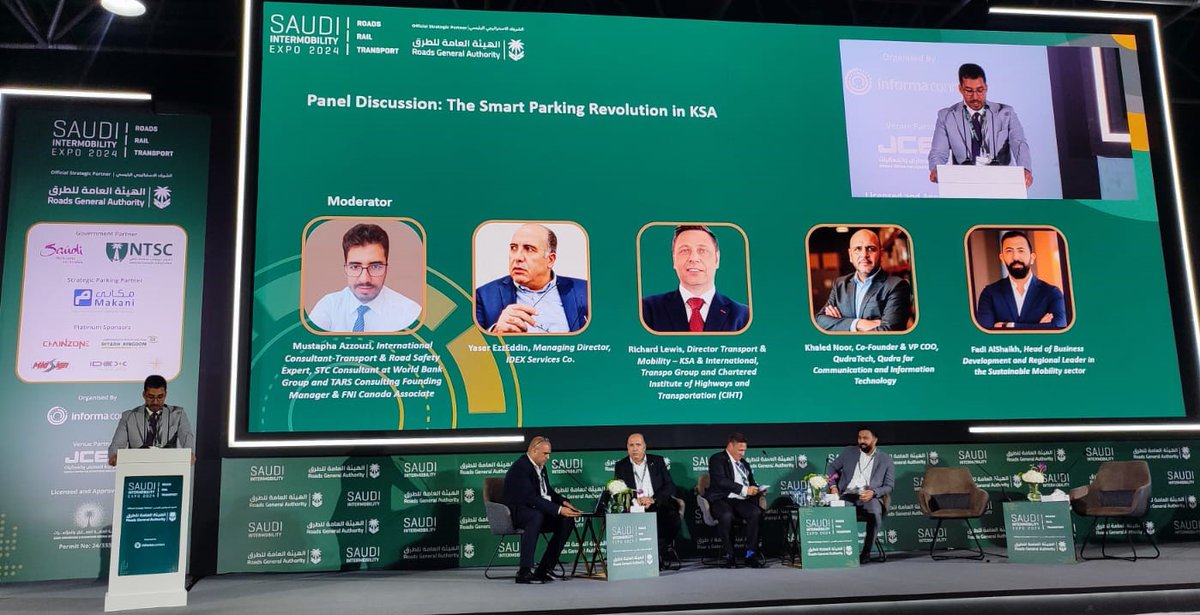 MAZZOUZI's tweet photo. Honored to moderate the panel "The Smart Parking Revolution in KSA" at the Intermobility Expo 2024 in Jeddah! We explored optimizing parking, reducing congestion, EV integration, and data-driven urban planning. 🚗💡 #SmartParking #MobilityInnovation #KSA https://t.co/NR9DwTcaS1