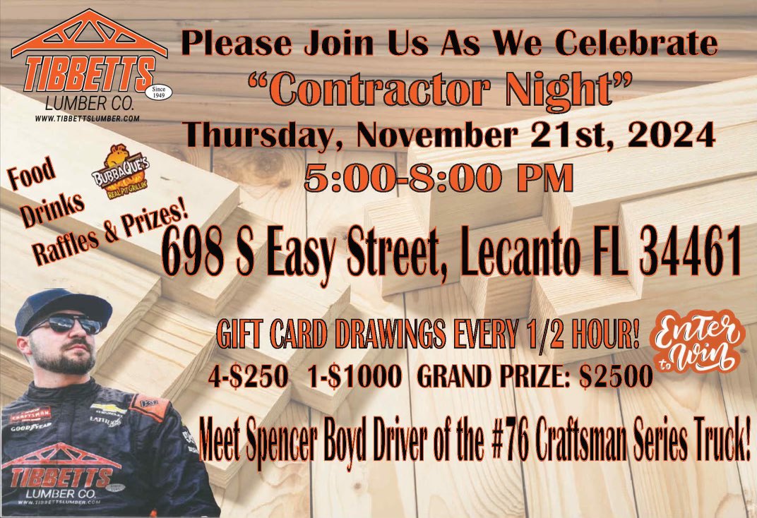 Spencer Boyd (@spencerboyd) on Twitter photo 🚨 Headed to Florida to celebrate “Contractor Night” with <a href="/TibbettsLumber/">Tibbetts Lumber</a> at their Lecanto, FL location! 🚨
🗞️- The Tibbetts Lumber #76 Chevy from <a href="/TALLADEGA/">Talladega Superspeedway</a> will be on site! I’ll be there as well! 5:00-8:00 pm!
- <a href="/FreedomRacing76/">Freedom Racing Enterprises</a> - 🚨 Headed to Florida to celebrate “Contractor Night” with <a href="/TibbettsLumber/">Tibbetts Lumber</a> at their Lecanto, FL location! 🚨
🗞️- The Tibbetts Lumber #76 Chevy from <a href="/TALLADEGA/">Talladega Superspeedway</a> will be on site! I’ll be there as well! 5:00-8:00 pm!
- <a href="/FreedomRacing76/">Freedom Racing Enterprises</a> -
