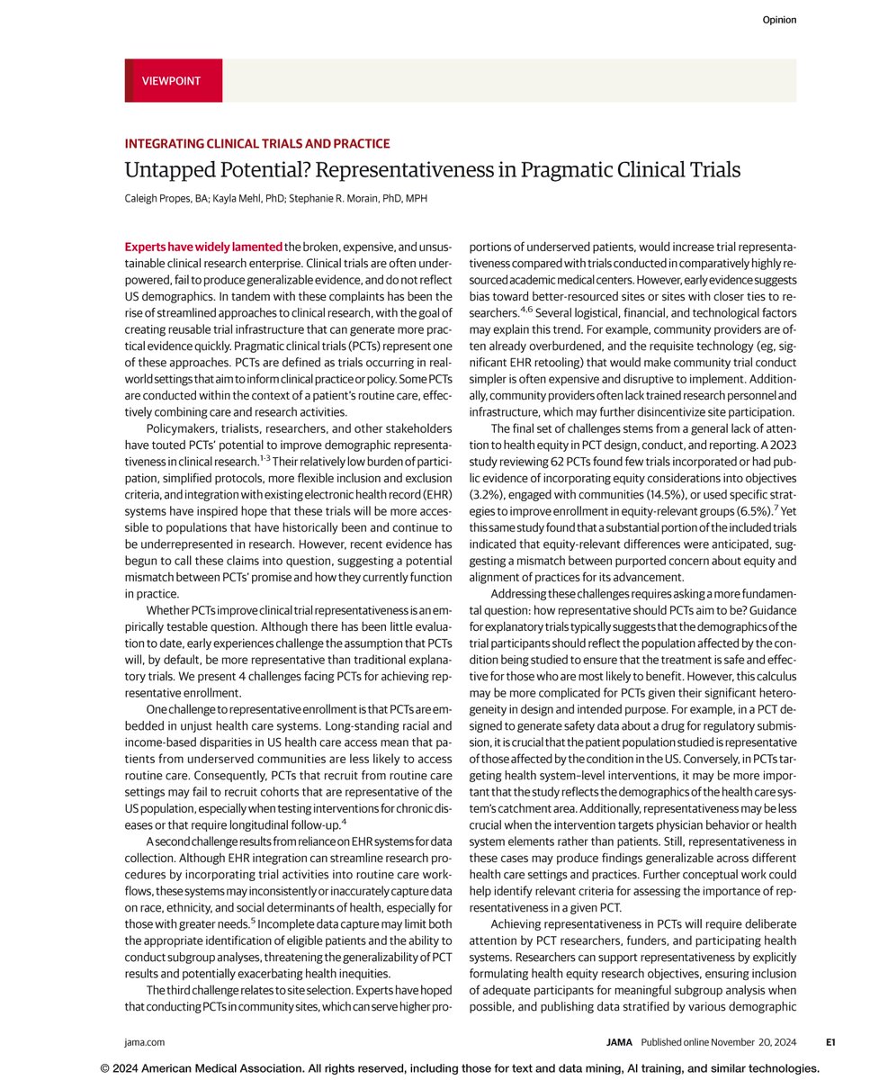 JAMA (@jama_current) on Twitter photo Viewpoint: <a href="/CaleighPropes/">Caleigh Propes (she/her)</a>, Kayla Mehl, and <a href="/SMorain/">Stephanie Morain</a> explore the potential of pragmatic clinical trials to improve demographic representativeness and health equity in clinical research.
ja.ma/4fTvouy Viewpoint: <a href="/CaleighPropes/">Caleigh Propes (she/her)</a>, Kayla Mehl, and <a href="/SMorain/">Stephanie Morain</a> explore the potential of pragmatic clinical trials to improve demographic representativeness and health equity in clinical research.
ja.ma/4fTvouy